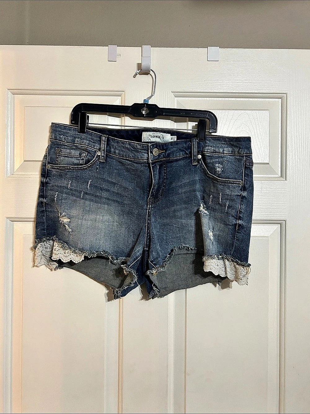 Torrid Distressed Denim Shorts with Crochet Lace Trim Women's Distressed Denim